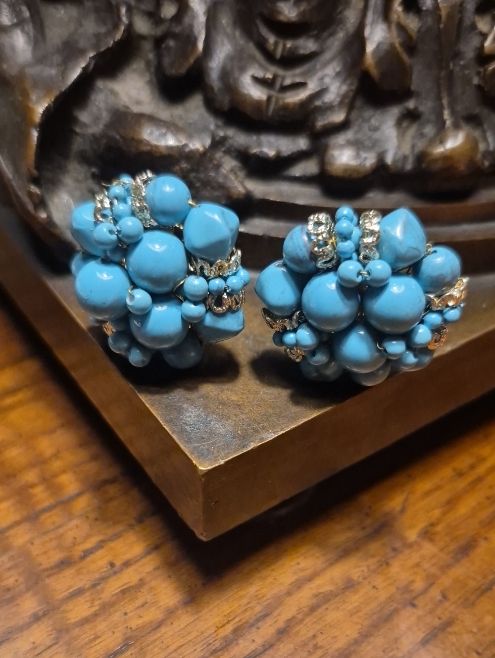 Japan Vintage Acrylic Turquoise Cluster Bead Clip-On Earrings